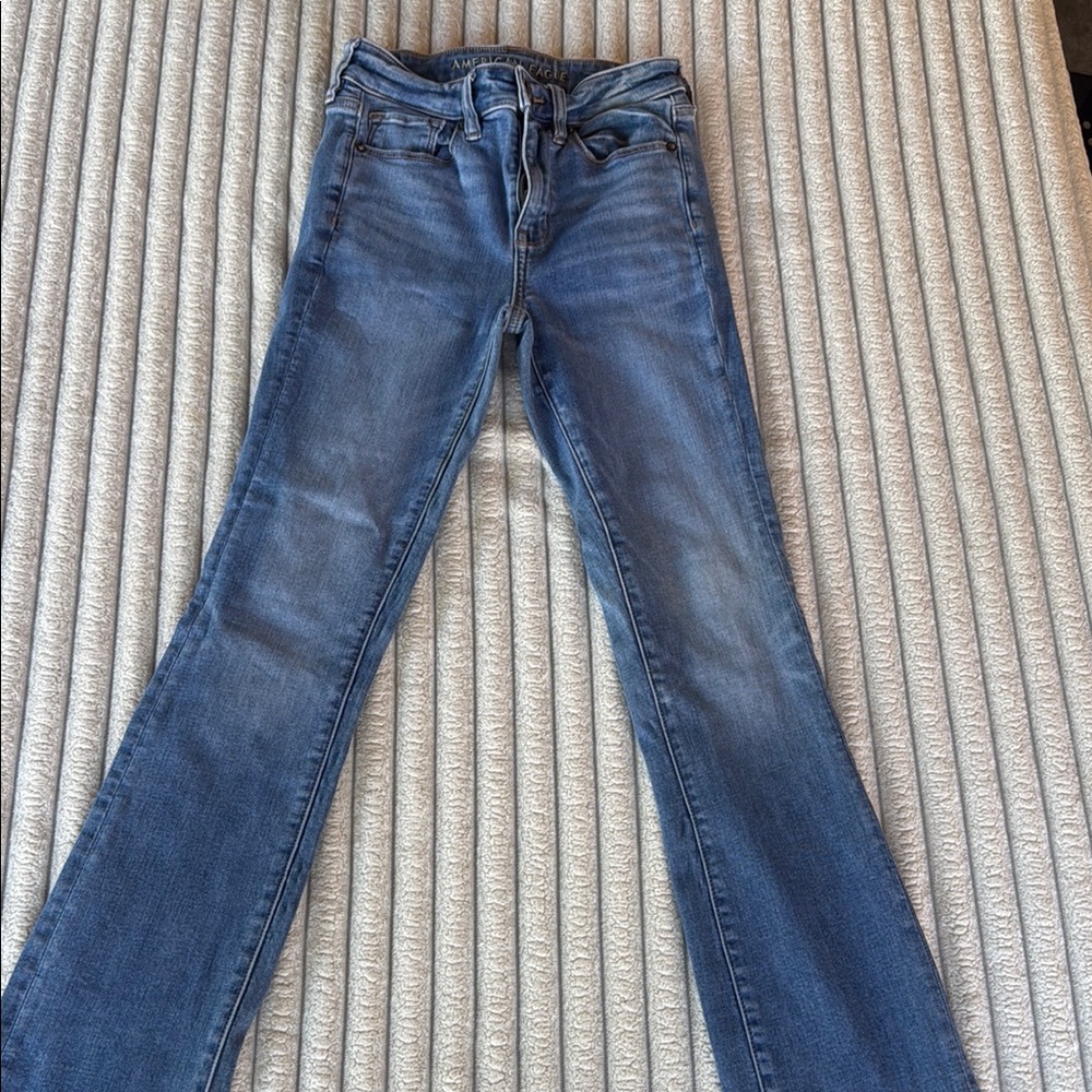 Classic Blue Flare Wide Leg Jeans with Subtle Fading